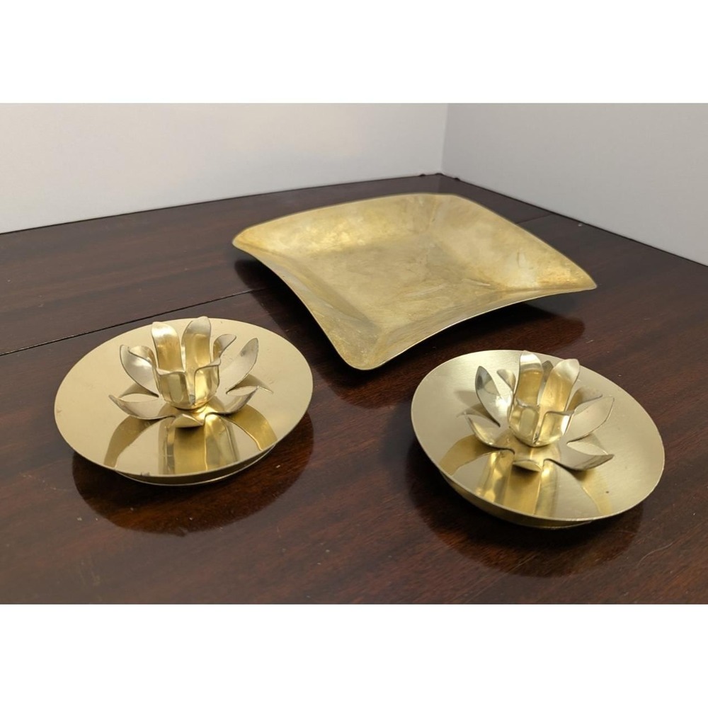 Vintage Brass Vanity Set Lotus Candle Holders Brass Catchall Tray Hollywood...